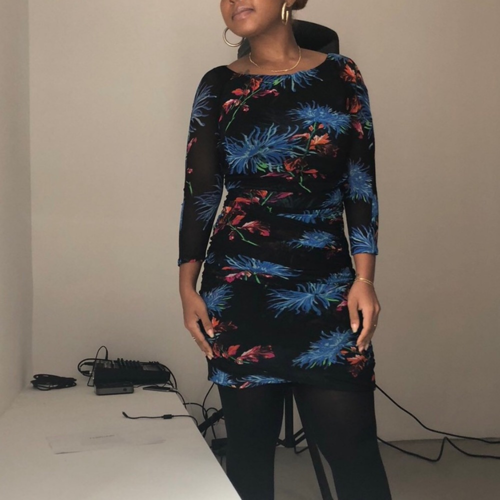 3/4 sleeve Black Printed Flower Dress